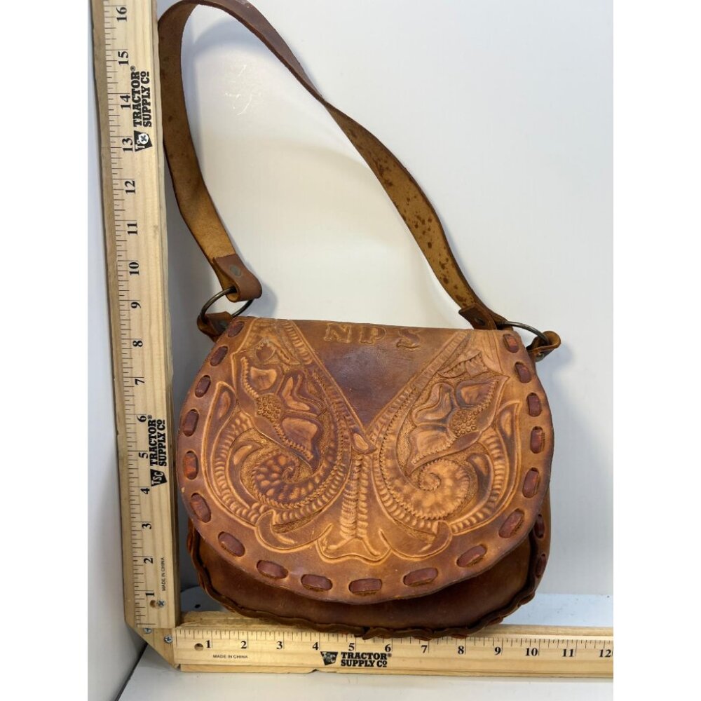 Vintage Tooled Leather Saddle Bag Brown Handcrafted Crossbody Shoulder Purse - Picture 1 of 6